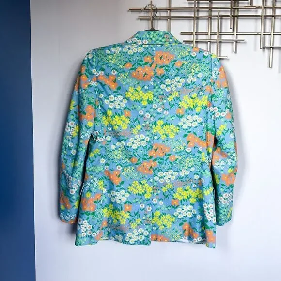 Vintage Flower Power Blue Orange Cotton Blazer Size Small - Picture 4 of 12